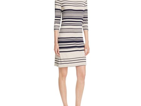 THREE DOTS Womens Beige Stretch Striped 3 4 Sleeve Jewel Neck Above The Knee Sheath Dress For Sale