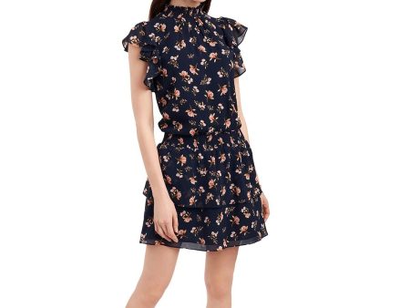 1. STATE Womens Navy Ruffled Pleated Smocked Neck Floral Cap Sleeve Mini Drop Waist Dress Online Hot Sale