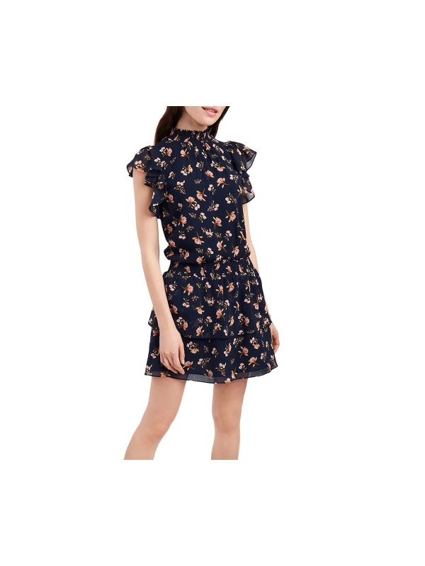 1. STATE Womens Navy Ruffled Pleated Smocked Neck Floral Cap Sleeve Mini Drop Waist Dress Online Hot Sale