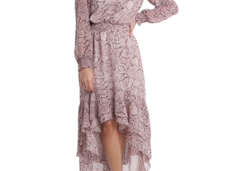 1. STATE Womens Pink Ruffled Smocked Elastic-waist Buttoned Animal Print Cuffed Sleeve V Neck Maxi Cocktail Hi-Lo Dress For Discount