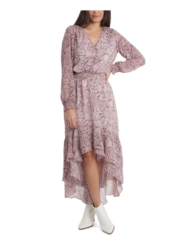 1. STATE Womens Pink Ruffled Smocked Elastic-waist Buttoned Animal Print Cuffed Sleeve V Neck Maxi Cocktail Hi-Lo Dress For Discount