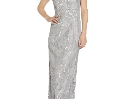 ADRIANNA PAPELL Womens Silver Zippered Embellished Gown Cap Sleeve Square Neck Maxi Formal Mermaid Dress Online Hot Sale