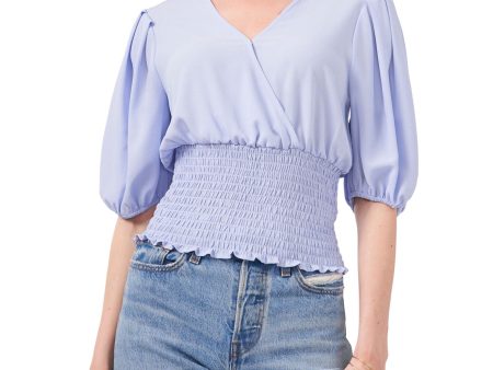 1. STATE Womens Light Blue Stretch Smocked Pleated Pouf Sleeve Surplice Neckline Top Hot on Sale