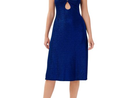 AIDAN AIDAN MATTOX Womens Blue Glitter Zippered Sleeveless V Neck Below The Knee Party Sheath Dress Hot on Sale