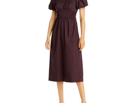 A.L.C. Womens Brown Smocked Pleated Pouf Sleeve Scoop Neck Midi Fit + Flare Dress Sale