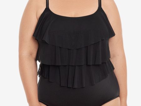 SWIM SOLUTIONS Women s Black Stretch Tummy Control Ruffled Triple-Tiered Full Coverage Fixed Cups Scoop Neck One Piece Swimsuit on Sale