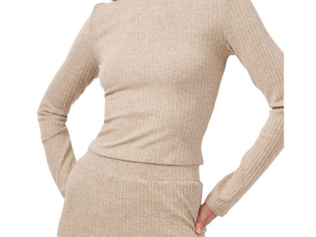 1. STATE Womens Beige Knit Ribbed Short Length Pullover Heather Long Sleeve Mock Neck Top on Sale