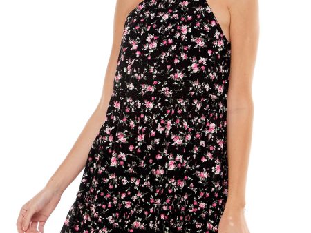 TRIXXI Womens Black Tie Floral Sleeveless Halter Short Fit + Flare Dress Discount