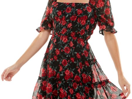 TRIXXI Womens Black Smocked Lined Floral Short Sleeve Square Neck Short Party Fit + Flare Dress Online Hot Sale