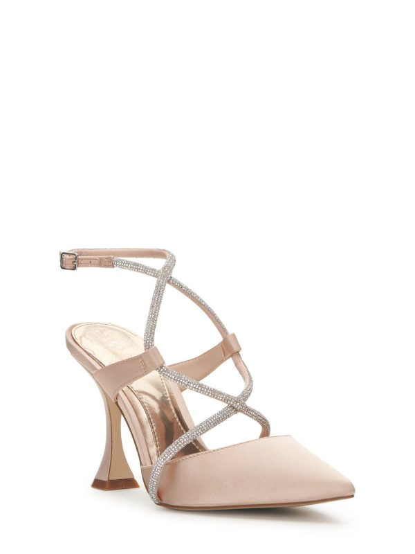 VINCE CAMUTO Womens Beige Mixed Media Padded Ankle Strap Rhinestone Kadrya Pointed Toe Flare Buckle Dress Pumps Shoes M Online