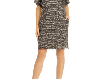 AIDAN MATTOX Womens Silver Beaded Sequined Embellished Metallic Short Sleeve V Neck Above The Knee Party Shift Dress Supply