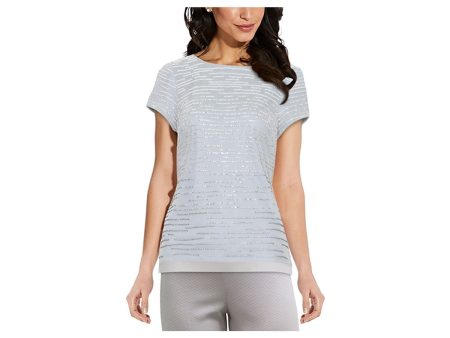 ADRIANNA PAPELL Womens Blue Sequined Zippered Printed Short Sleeve Scoop Neck Cocktail Top Sale