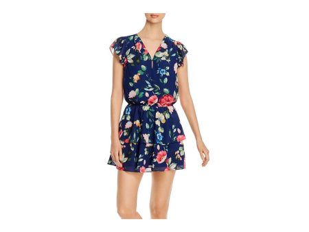 YUMI KIM Womens Navy Ruffled Elastic Waist  Pullover Floral Flutter Sleeve Keyhole Mini Party Fit + Flare Dress For Cheap