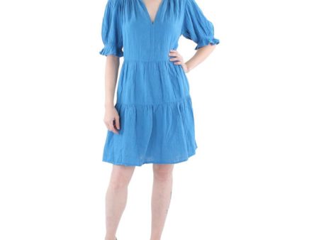 VELVET BY GRAHAM & SPENCER Womens Blue Textured Ruffled Cuffs Tiered Pullover Short Sleeve V Neck Above The Knee Shift Dress Fashion