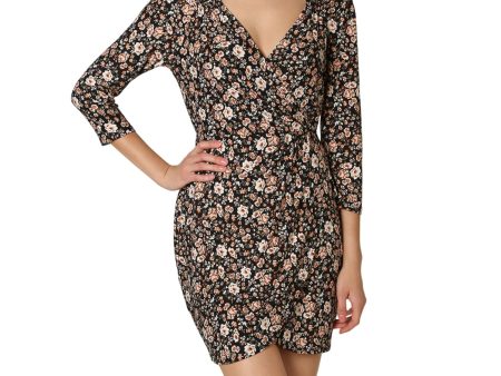 ULTRA FLIRT Womens Black Floral 3 4 Sleeve V Neck Short Evening Tulip Dress on Sale