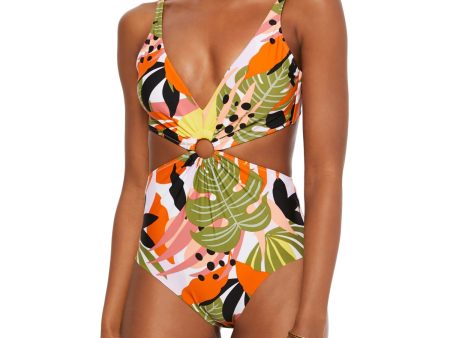 BAR III Women s Green Printed Removable Cups Deep V Neck Cutout Ring One Piece Swimsuit Online Hot Sale