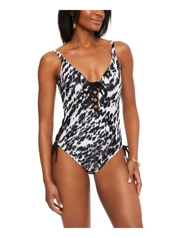 BAR III Women s Black Printed Push-Up Lace-Up Stretch Deep V Neck Adjustable Heat Wave One Piece Swimsuit Supply