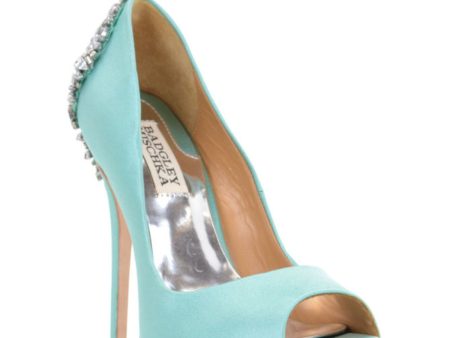 BADGLEY MISCHKA Womens Teal 1  Platform Embellished Padded Kiara Peep Toe Stiletto Slip On Leather Dress Pumps Shoes M Discount