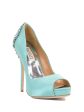 BADGLEY MISCHKA Womens Teal 1  Platform Embellished Padded Kiara Peep Toe Stiletto Slip On Leather Dress Pumps Shoes M Discount