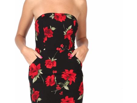 B DARLIN Womens Black Stretch Zippered Pocketed Floral Strapless Short Evening Body Con Dress For Sale