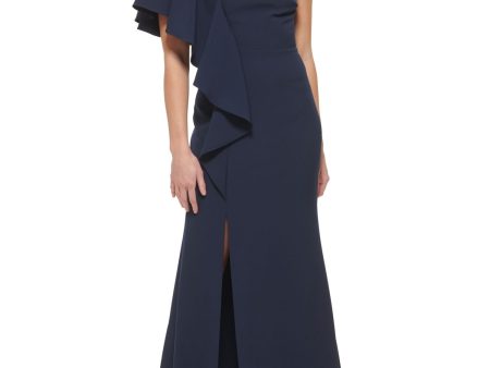 VINCE CAMUTO Womens Navy Ruffled Zippered Slitted Lined Flutter Sleeve Asymmetrical Neckline Full-Length Evening Gown Dress on Sale