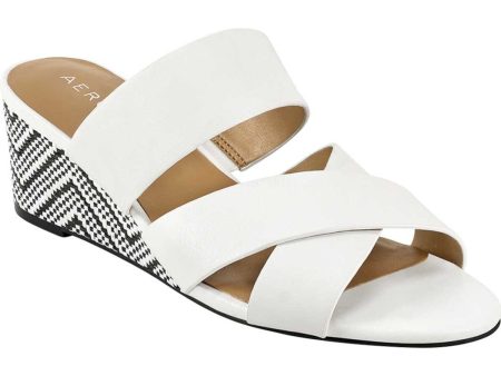 AEROSOLES Womens White Zig Zag Crisscross Straps Comfort Westfield Almond Toe Wedge Slip On Leather Slide Sandals Shoes M For Sale