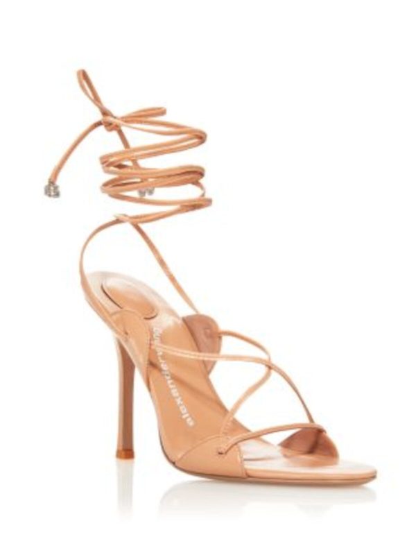 ALEXANDER WANG Womens Beige Ankle Wrap Tie With Logo Embellishments Strappy Padded Lucienne 105 Almond Toe Stiletto Lace-Up Leather Dress Heeled Online