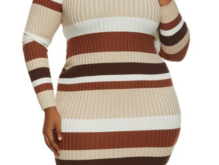 ALMOST FAMOUS Womens Beige Ribbed Pullover Striped Long Sleeve Mock Neck Above The Knee Body Con Dress For Discount