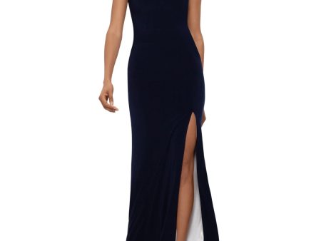 XSCAPE Womens Navy Stretch Slitted Zippered Straps One Wide One Spaghetti Sleeveless Asymmetrical Neckline Full-Length Formal Gown Dress Online Hot Sale