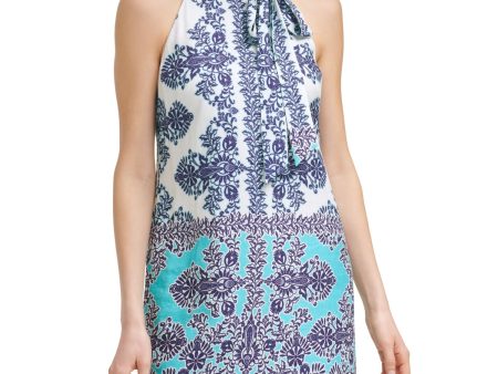 VINCE CAMUTO Womens Blue Zippered Tie Fitted Floral Sleeveless Halter Above The Knee Shift Dress For Discount