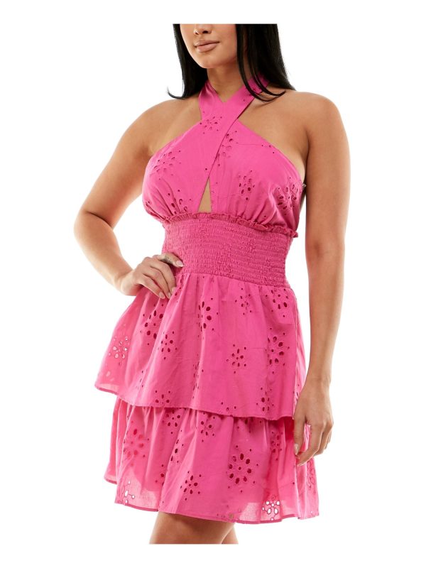 SPEECHLESS Womens Pink Open Back Smocked Cutout Tiered Skirt Lined Sleeveless Halter Short Party Fit + Flare Dress Supply