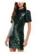 SPEECHLESS Womens Green Stretch Zippered Sequined Cutout-back Lined Pouf Sleeve Mock Neck Mini Party Body Con Dress For Sale