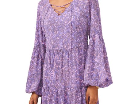 VINCE CAMUTO Womens Purple Lined Pullover Lace-up Tiered Paisley Balloon Sleeve Split Short Fit + Flare Dress Supply