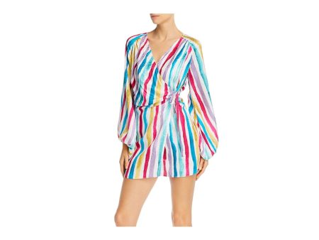 ART DEALER Womens White Tie Striped Long Sleeve Surplice Neckline Mini Cocktail Wrap Dress Fashion